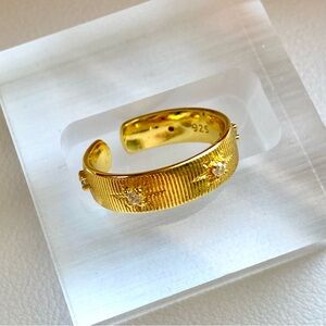 Gold Flower Accent Open Band Ring - 925 Sterling